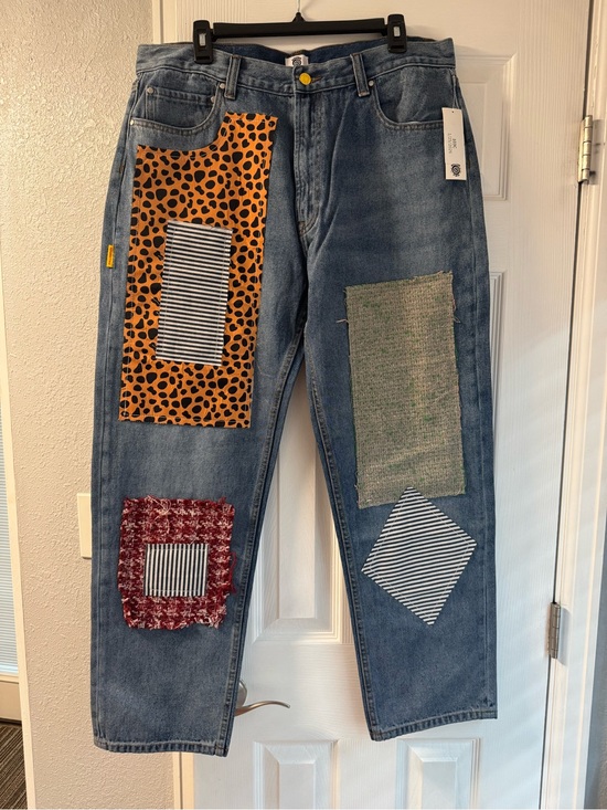 Round Two Denim - Patchwork Wide Leg Jeans in Blue with Mixed Fabric Panels